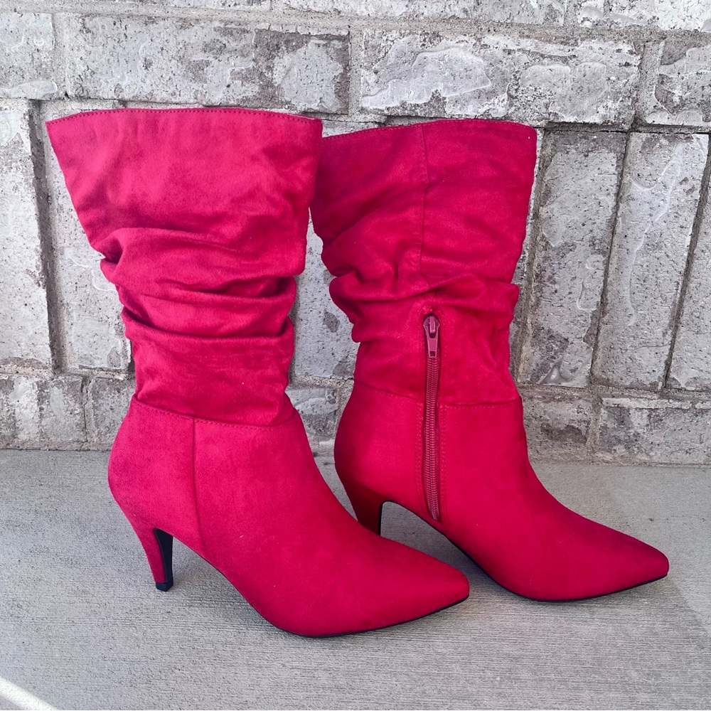 Red faux velvet slouchy boot